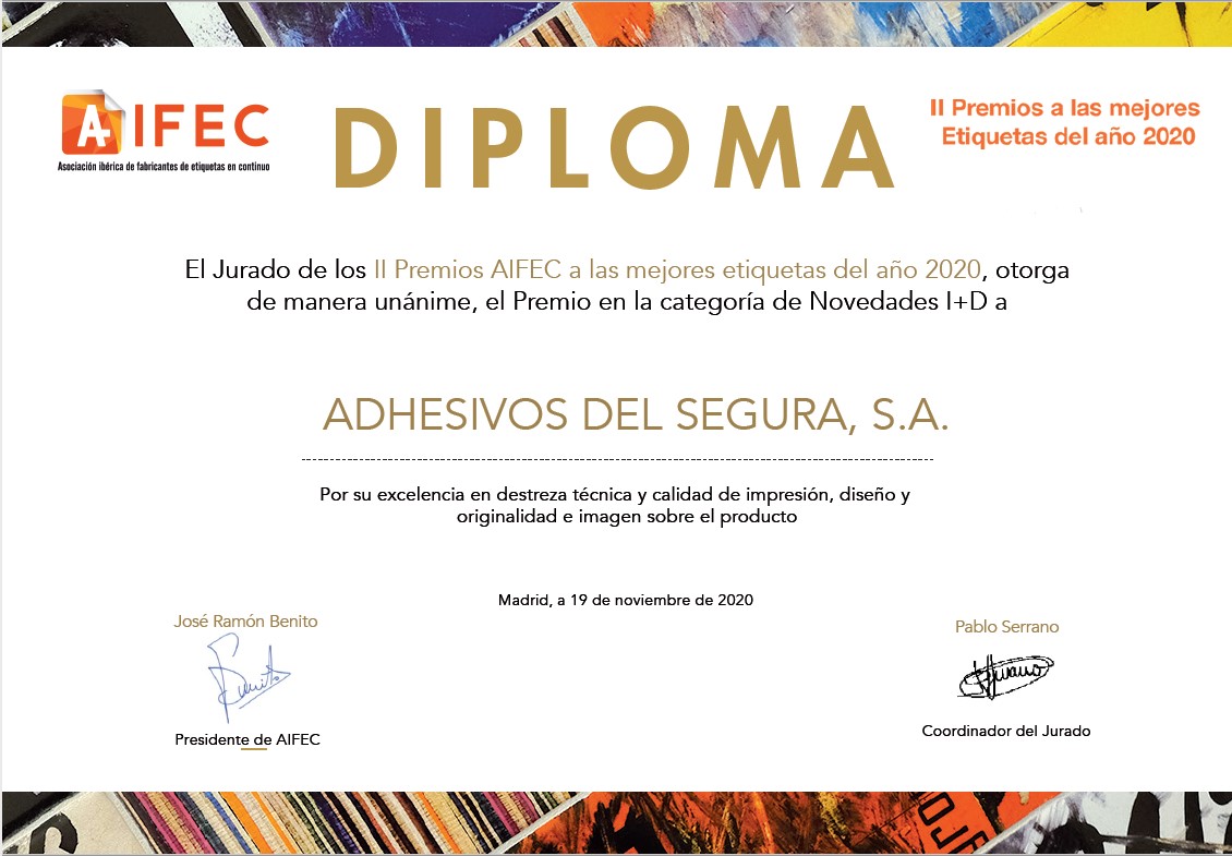 Adhesivos del Segura ganador en la Categoría I+D durante la segunda celebración de los premios de etiquetas de AIFEC.