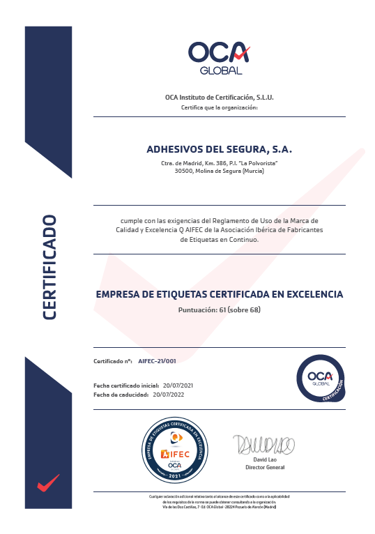 Certificado sello de excelencia QAIFEC