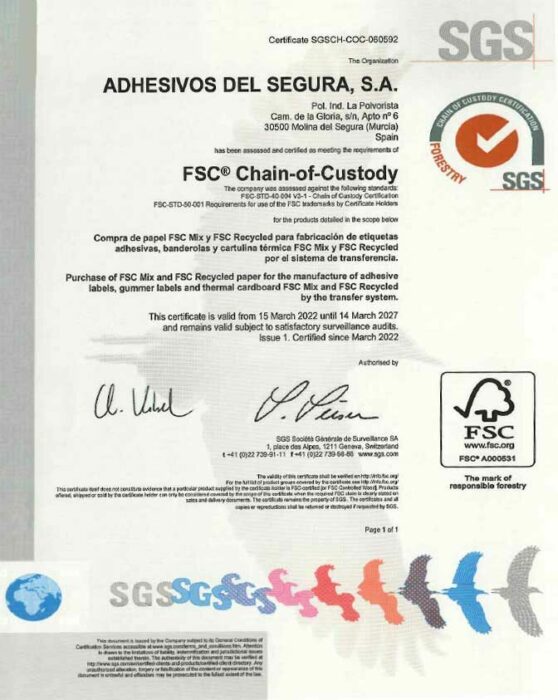 Adhesivos del Segura, désormais certifiée FSC™(Forest Stewardship Council™).